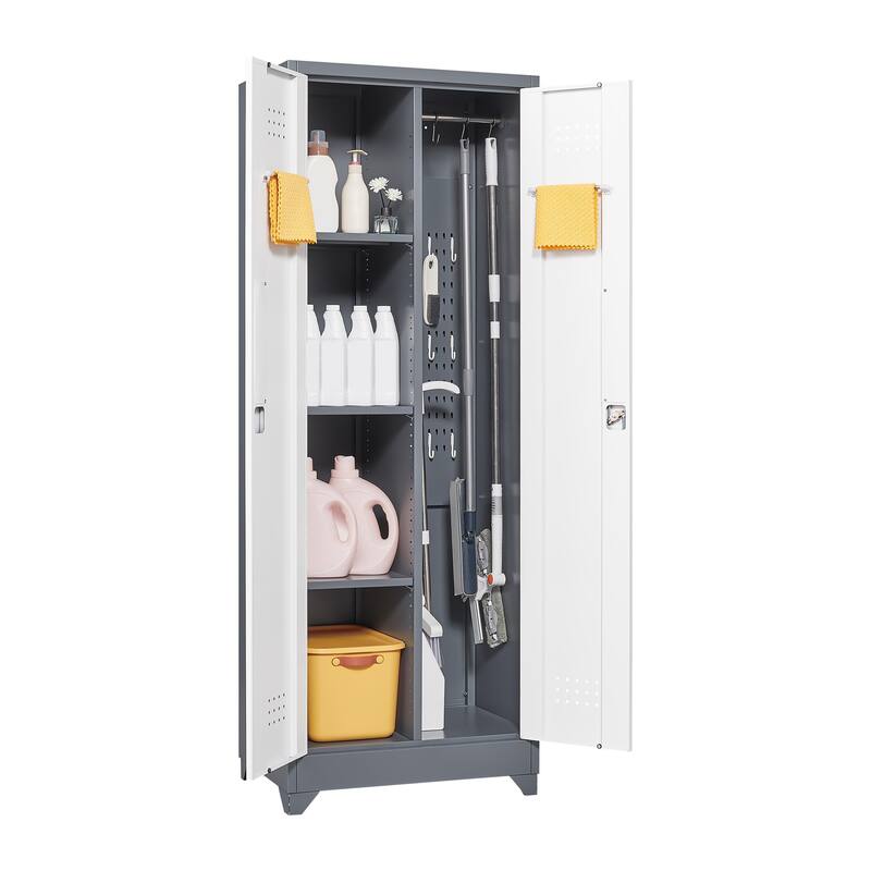 Cleaning Tool Storage Cabinet With Locking Doors And Shelves, Hanging Rod & S-Hooks