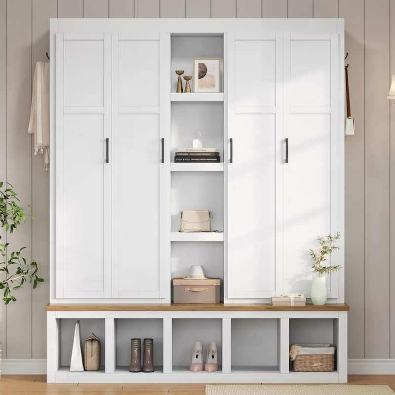 Farmhouse 4-in-1 Hall Tree with 6 Hanging Hooks, Mudroom Wood Grain Bench with Open Compartments