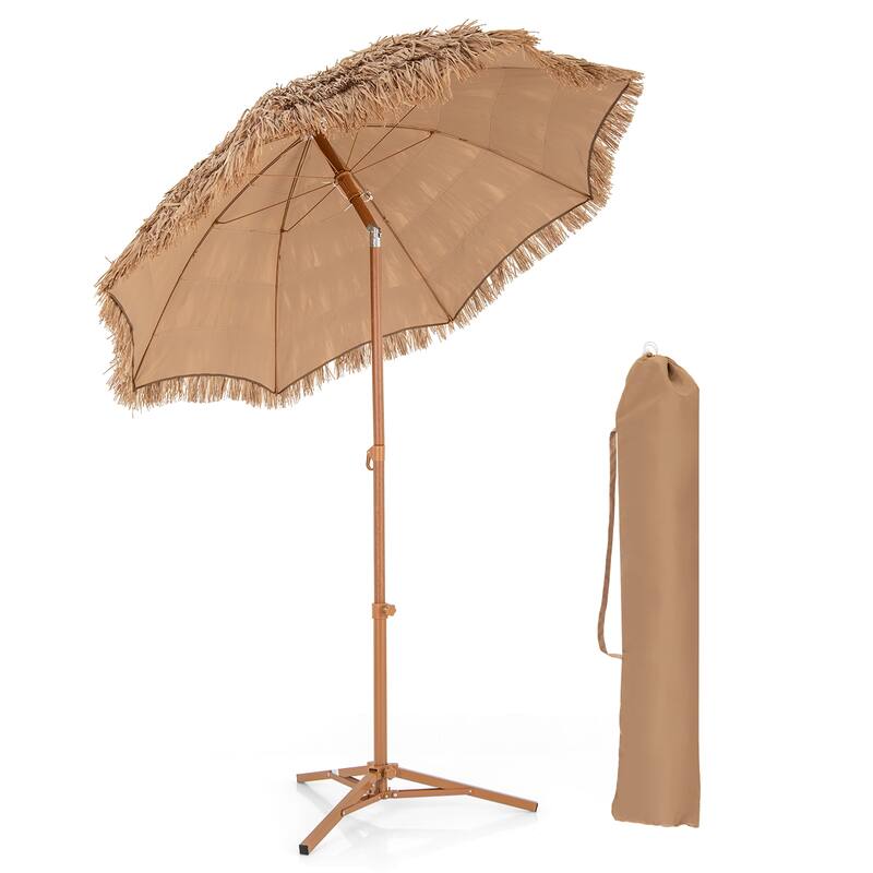 Gymax 6.5 FT Thatched Tiki Umbrella w/ Foldable Stand Hawaiian Style - Brown