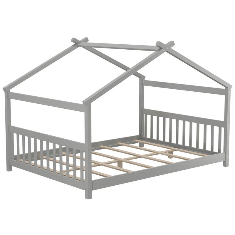 Costway Twin Size House Bed with Roof Wooden Low Floor Bed No Box - Grey - Grey-Full
