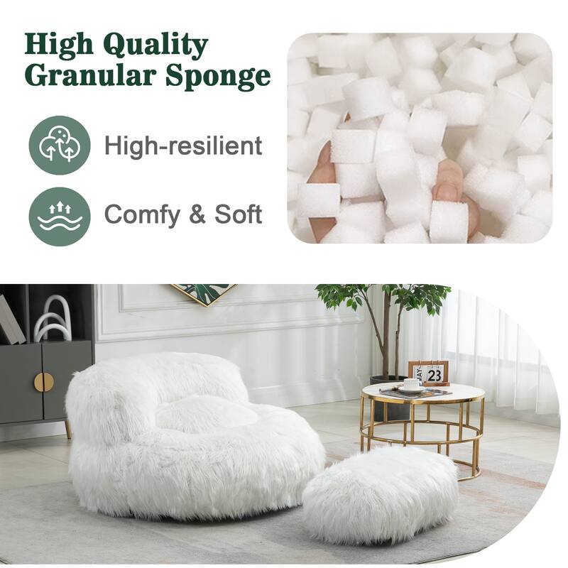 Plush Upholstered Round Comfort Lounger Bean Bag Chair with Ottoman