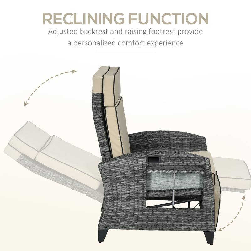 Outsunny Outdoor Recliner Chair with Cushion, PE Wicker Reclining Patio Lounge Chair with Adjustable Footrest