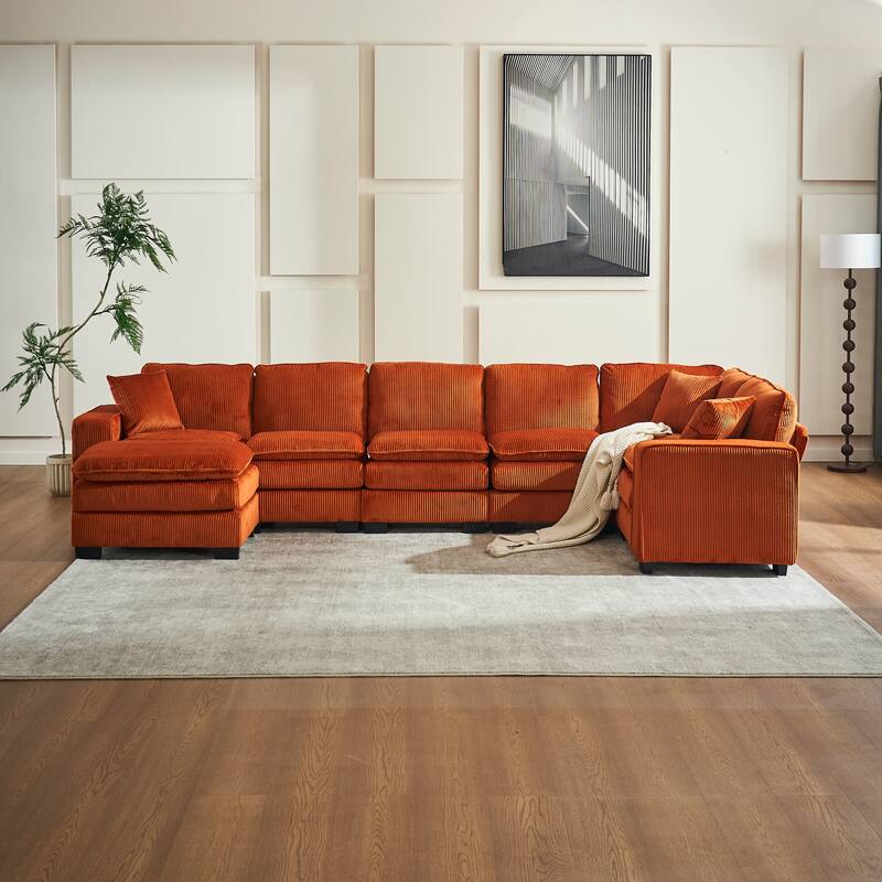 Corduroy Upholstered U-shaped Chaise Sectional Sofa Modular Sleeper Sofa Bed Deep Seat Couch with Ottoman and Pillows - Orange