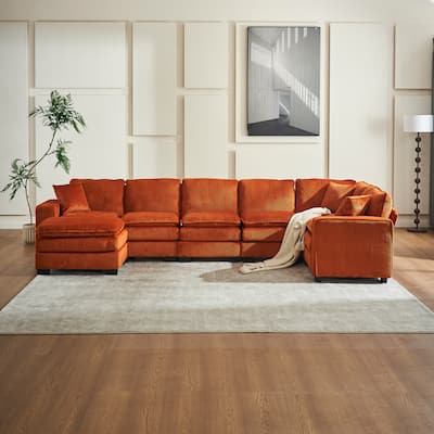 Corduroy Upholstered U-shaped Chaise Sectional Sofa Modular Sleeper Sofa Bed Deep Seat Couch with Ottoman and Pillows