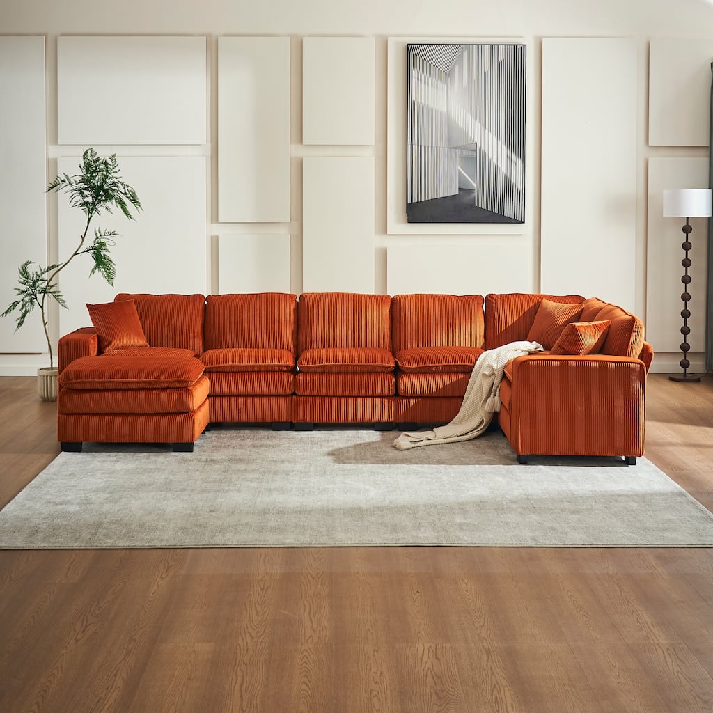 Modern U-Shaped 6-seat Corduroy Modular Sectional Sofa with 1 Ottoman