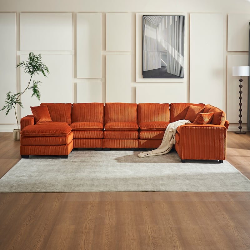 Modern U-Shaped 6-seat Modular Sectional Sofa with 1 Ottoman & 3 Toss Pillows - Orange