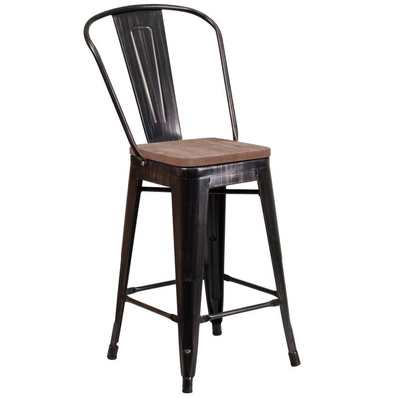 4 Pack 24" High Metal Counter Height Stool with Back and Wood Seat - 17.75"W x 20"D x 39.25"H