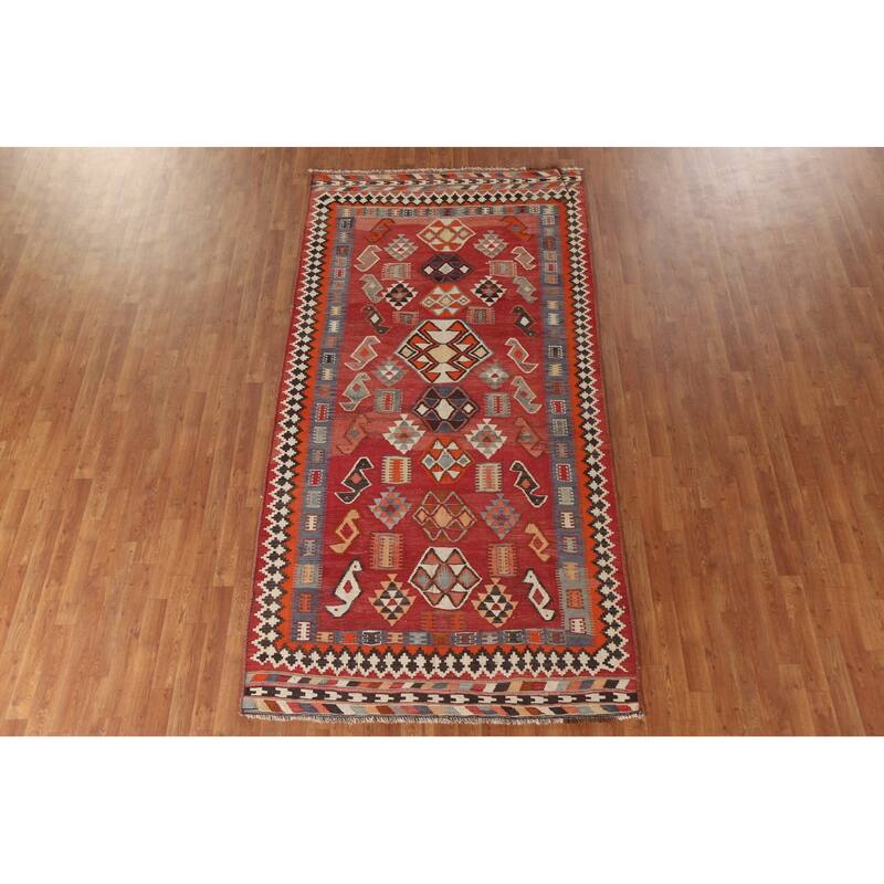 Vegetable Dye Kilim Qashqai Persian Antique Area Rug Red Wool Carpet - 4'10"x 9'8"