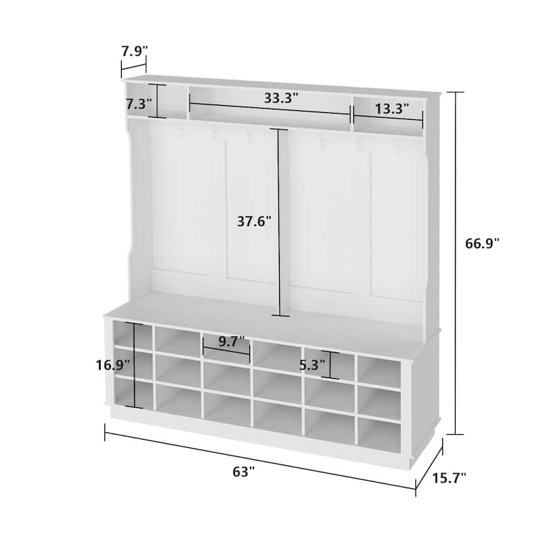 63"W 18 Shoe Cubbies Wide Hall Tree With Hooks