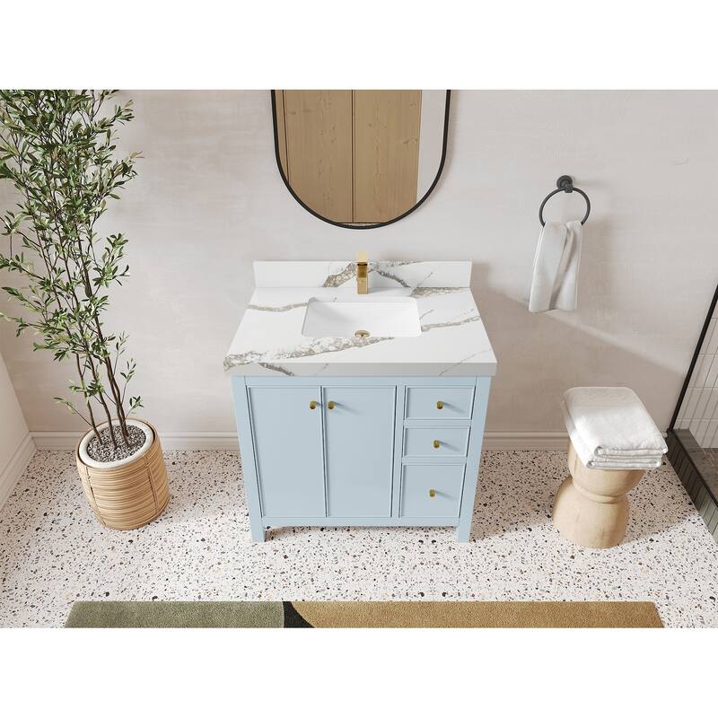 Willow Collections 36 in. W x 22 in. D Chicago Center Sink Left Bathroom Vanity with Countertop - 2”Calacatta Gold - Blue Heather