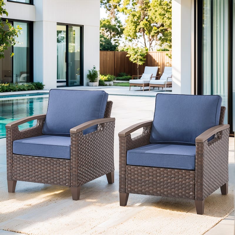 High Back Outdoor Patio Chairs Set of 2 - Brwon Wicker Blue Cushion