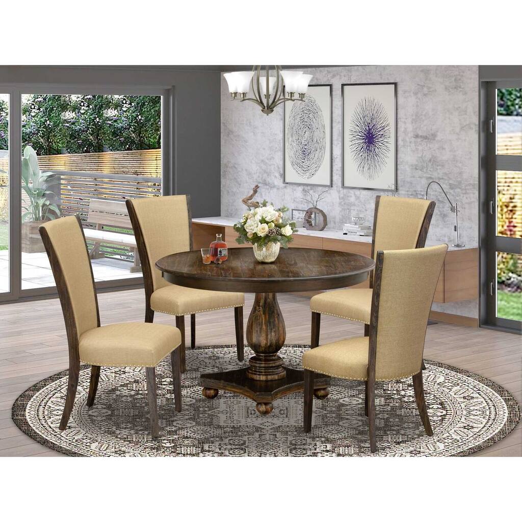 HomeStock 5-Piece Distressed Jacobean Finish Solid Wood Top Dining Table with 4 Parson Chair