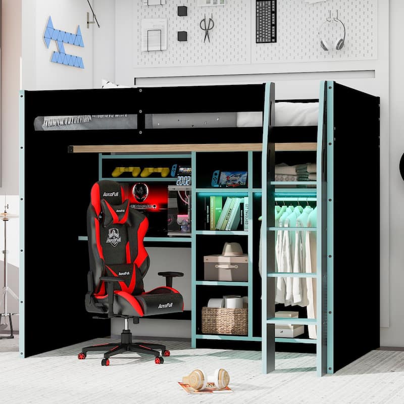 Full Size Gamer Loft Bed with Desk, Storage, RGB Light & USB Port