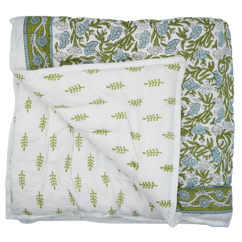 Fabdivine Luxury Hand Block Printed Cotton Quilt - Hand Stitched Thorny Stems Blue Green, Reversible Bedspread for Bedroom Décor