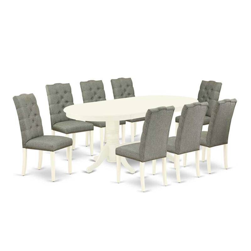 Baroque Dining Set - 9 Piece Table & Chairs - Linen White Finish - Round Butterfly Leaf Dinette Set - Solid Wood Construction
