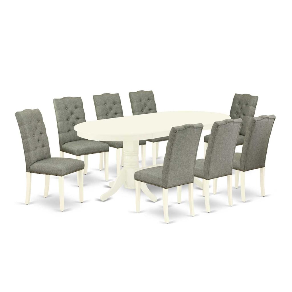 Baroque Dining Set - 9 Piece Table & Chairs - Linen White Finish - Round Butterfly Leaf Dinette Set - Solid Wood Construction
