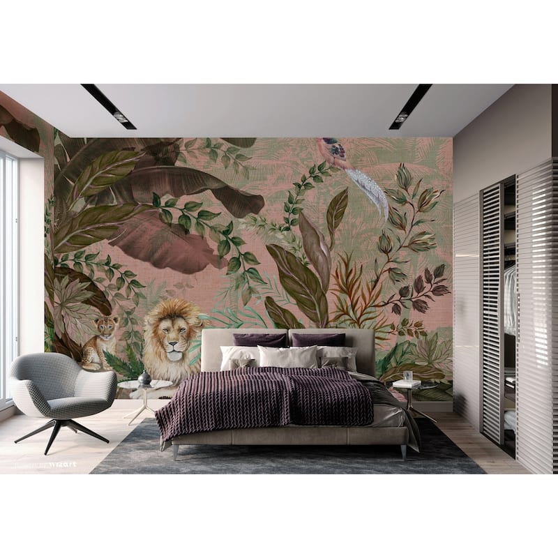 Luxurious Jungle Safari Wallpaper Mural Lions and Tropical Foliage