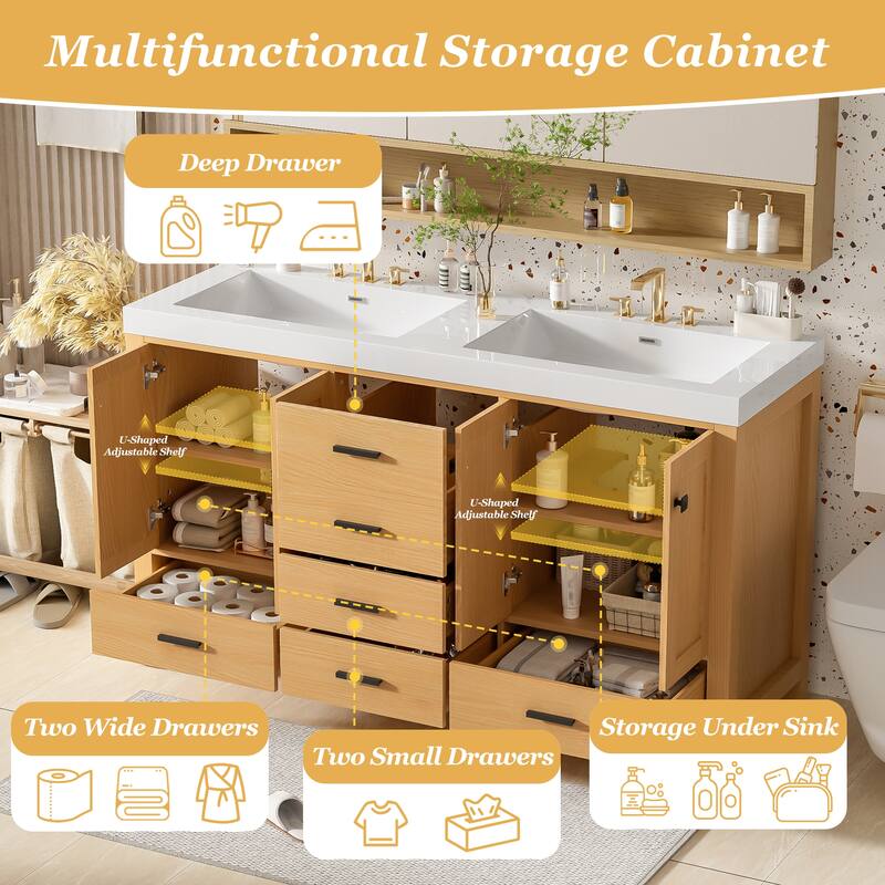 59.3" Double Sink Vanity with Solid Wood Frame, Soft-Close Doors & 5 Drawers, Black Handles