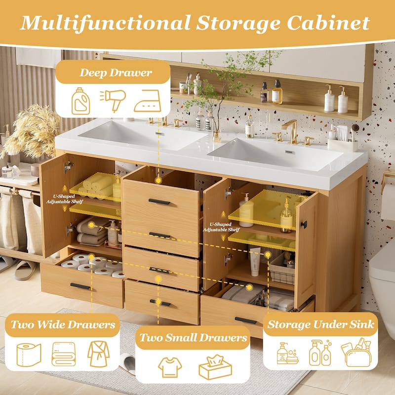 GDFStudio - Willow Transitional Freestanding Bathroom Vanity Cabinet with Double Sink, Soft Close Storages & Adjustable Shelves