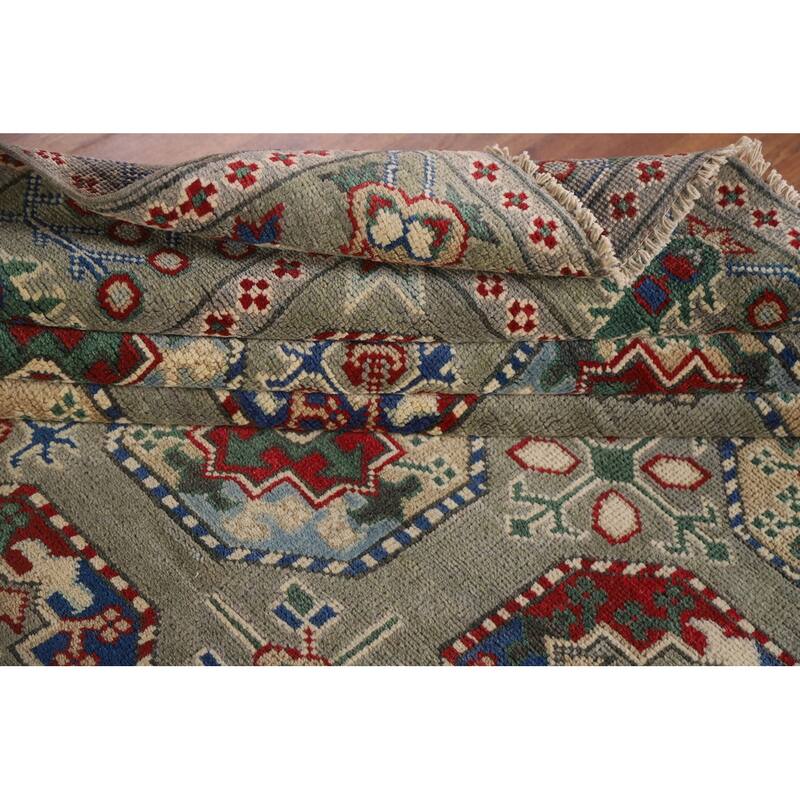 Hand Knotted Oriental 100% Wool Carpet Traditional All-Over Green Kazak Area Rug - 9' 10'' X 6' 7''