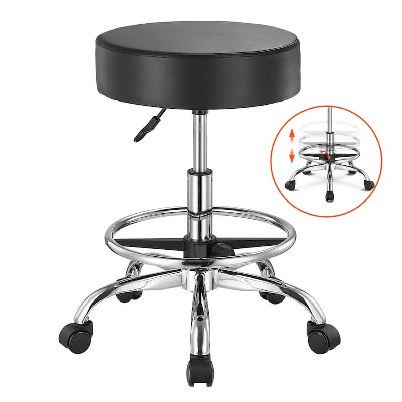 Adjustable Black Faux Leather Stool with Wheels & Footrest, 450 lbs - 21.3" x 21.3" x 21.7"
