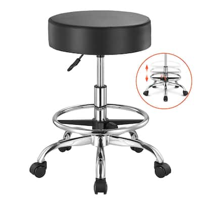Adjustable Black Faux Leather Stool with Wheels & Footrest, 450 lbs - 21.3" x 21.3" x 21.7"