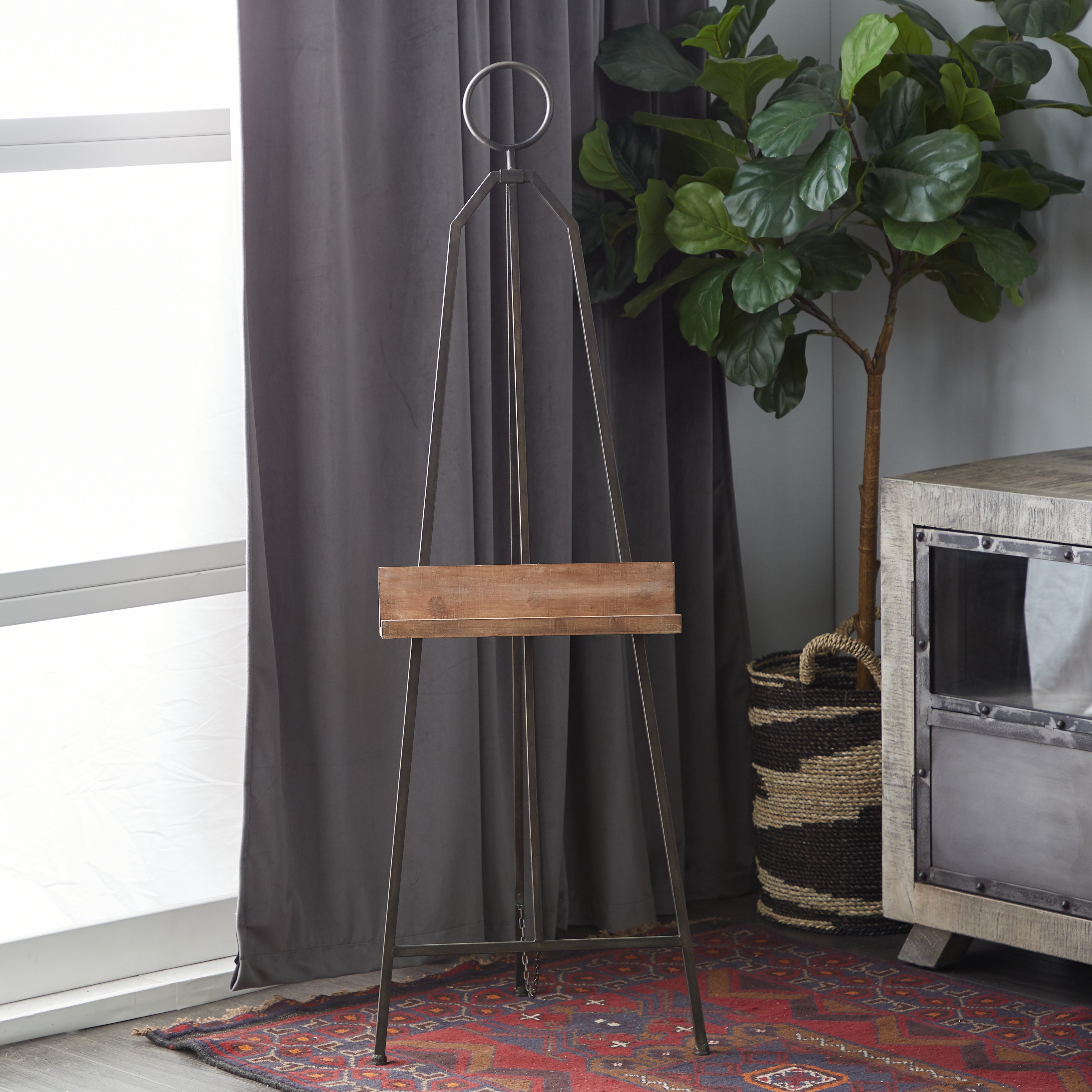 Black Metal Extra Large Adjustable Display Easel with Chain Support and Wood Tray