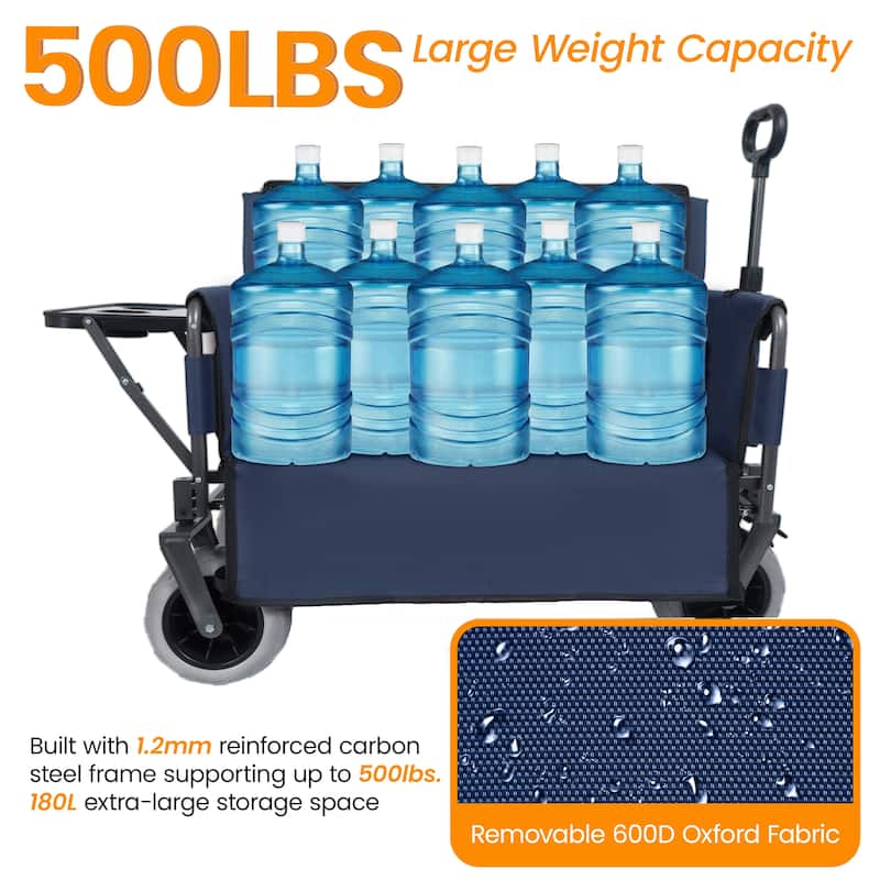 3-in-1 Collapsible Wagon,Convertible Folding Cart with Canopy &Rear-Mounted Folding Tabletop, 500lbs Heavy-Duty, 180L Capacity