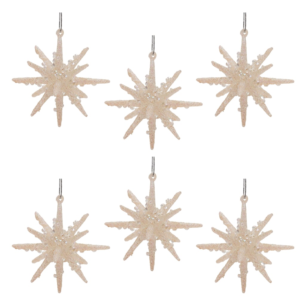Set of 6 Glass Star Ornaments with Glitter for Christmas Tree Decor - 3" x 3" x 3"