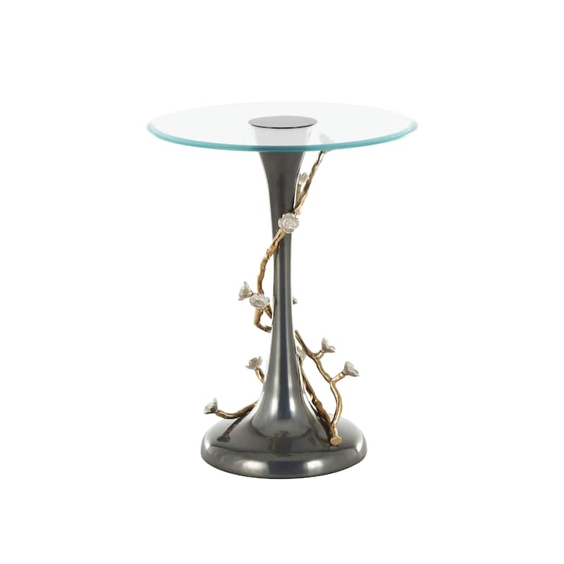 Aluminum Metal Floral Twisted Vine Side End Accent Table with Glass Tabletop - Black - Roche River Decor