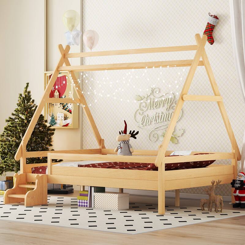 Roomfitters House Platform Bed with Stairs, Solid Wood Low Profile Frame with Roof Design for Playroom - Natural - Full