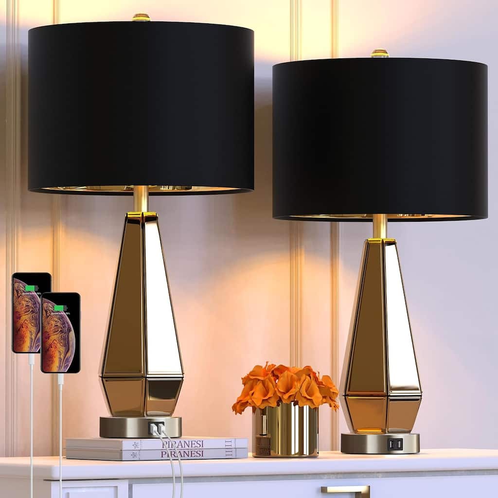 Anmytek Gold Faceted Mirror Table Lamps Set of 2 with USB Charging Touch Control
