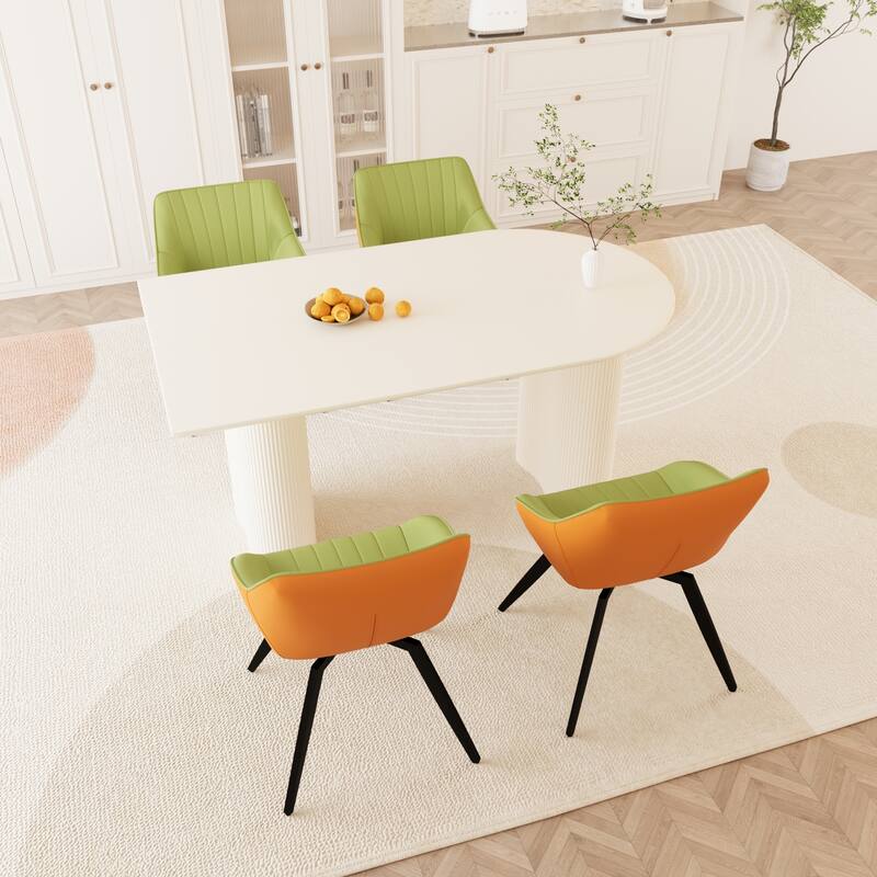 Modern Kitchen Table & Chairs Set with Green Leather Dining Chairs - White Green