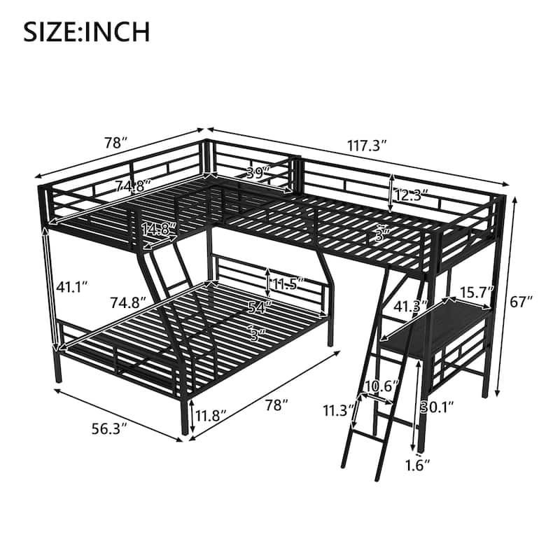 Metal Twin Over Full Bunk Bed with Attached Loft Bed and Workspace