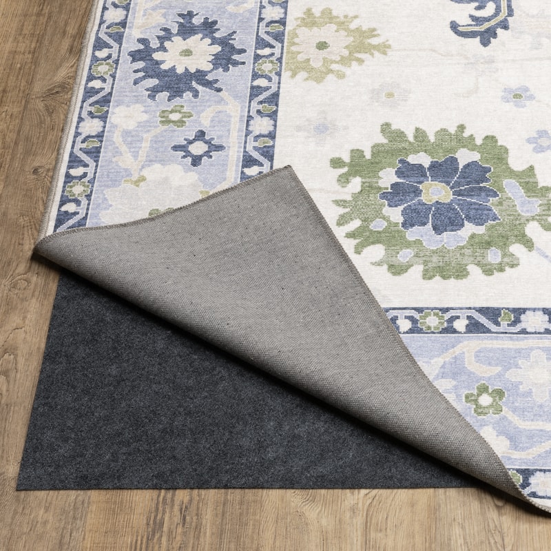 Ainsley Floral Traditional White/Blue Printed Washable Flat Pile Area Rug