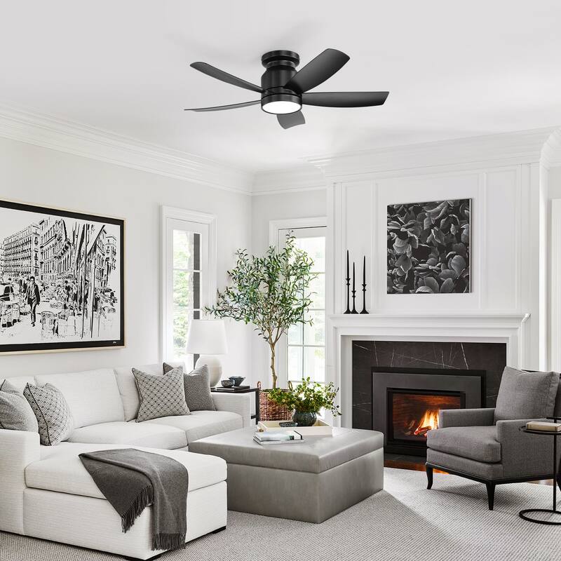 42 Inch Flush Mount Ceiling Fans with LED Light 22W and Remote Control 5 ABS Fan Blades for Bedroom - Black