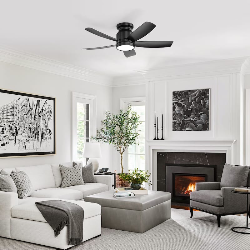 42 Inch Flush Mount Ceiling Fans with LED Light and Remote Control 5 ABS Fan Blades - Black