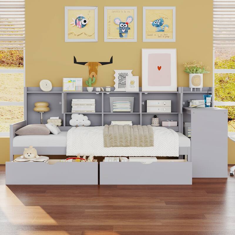 Wooden L-Shape Full Size Daybed with Study Desk and Built-in Bookshelf - Twin