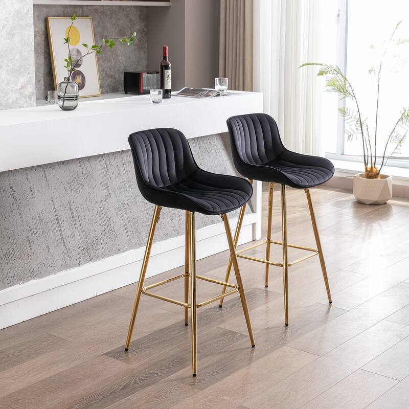 2 Bar Stools with Chrome Footrest Velvet Fabric Counter Stool Golden Leg Simple High Bar Stool - N/A