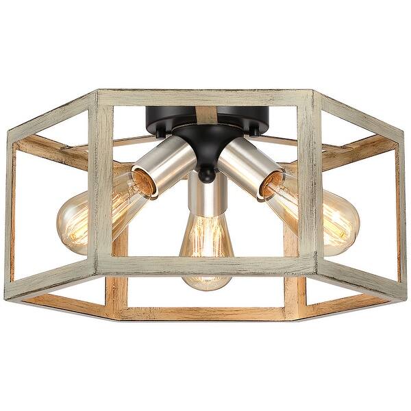 slide 2 of 10, 15 in. 3-Light Wood Tone Modern Farmhouse Semi-Flush Mount Ceiling Light - 15"W