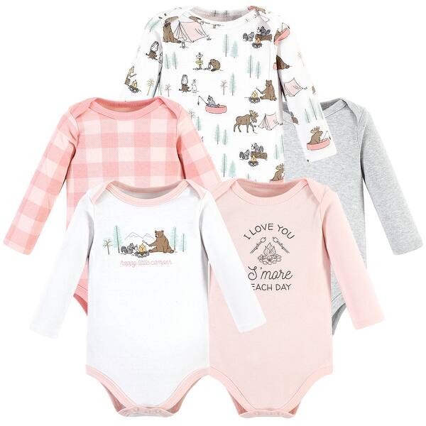 slide 1 of 1, Hudson Baby Infant Girl Cotton Long-Sleeve Bodysuits, Pink Happy Camper 0-3 Months - Pink Happy Camper