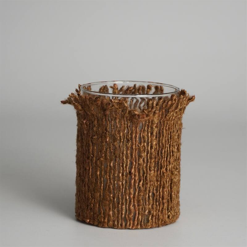 Cylindrical Glass Votive Candle Holder with a Wrap - 5" - Brown
