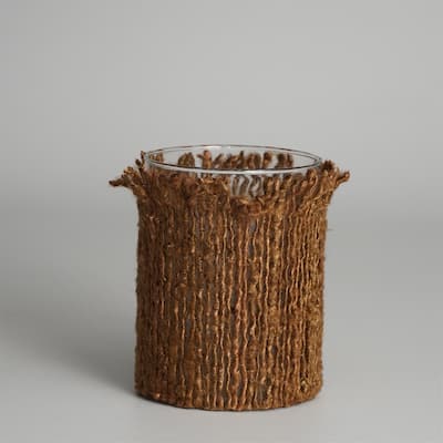 Cylindrical Glass Votive Candle Holder with a Wrap - 5" - Brown