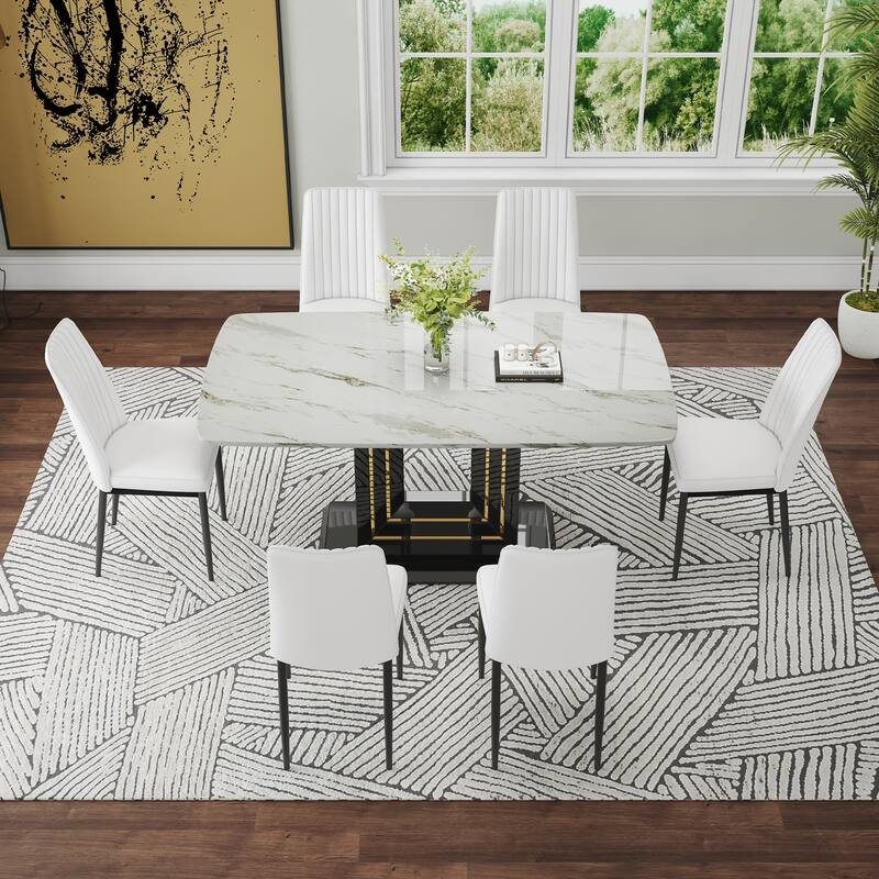 Modern Dining Table Set, 7-Piece Faux Marble Kitchen Table for 6-8, Glass Rectangular Dining Room Table with U-shaped Table Legs