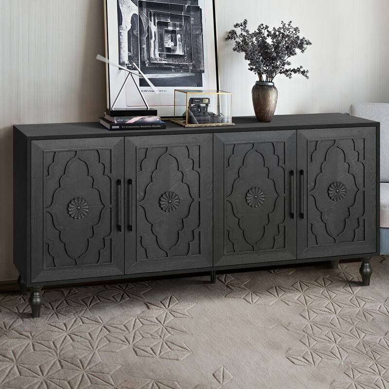 63'' Cabinet with Metal Handle, Carved Flower Doors, Mordern Sideboard Console with Adjustable Shelves for Living Room, Kitchen