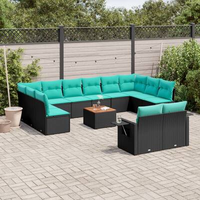 vidaXL 13 Piece Patio Sofa Set with Cushions Black Poly Rattan - 24.4 x 24.4 x 27.2