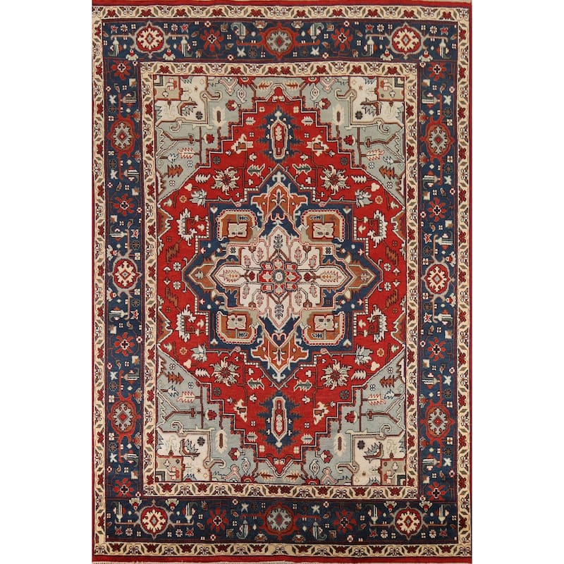Geometric Red Heriz Serapi Oriental Area Rug Handmade Wool Carpet - 8'10"x 12'0"