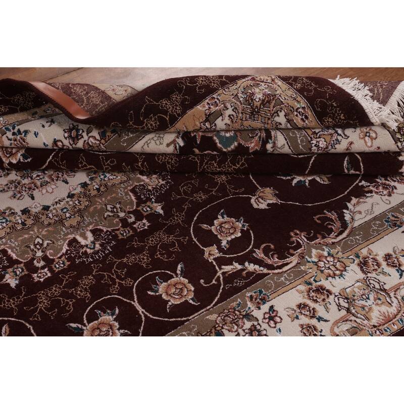 Burgundy Red Floral Kashan Turkish Rug Machine-Made Carpet - 6'7" x 9'10"