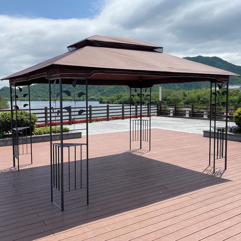 13x10 FT Patio Steel Gazebo, Canopy Tent with Ventilated Double Roof, Mosquito Netting & Privacy Screens for Garden, Backyard