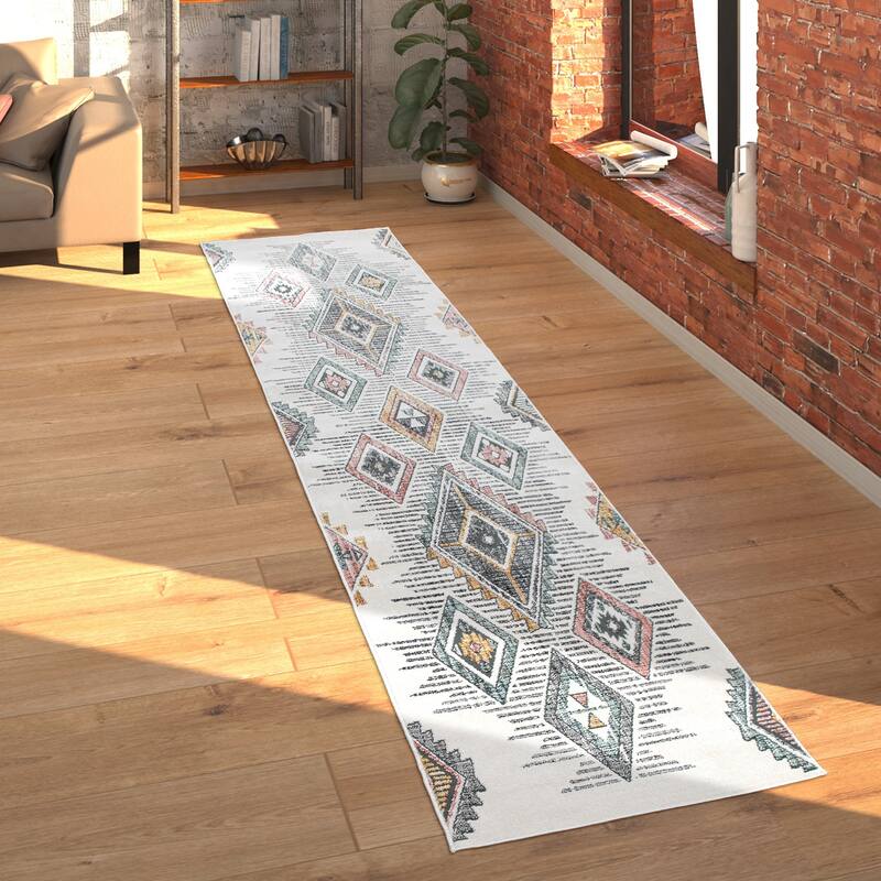 Modern Rug Ethnic Design with colorful pattern, 3D Effect in cream